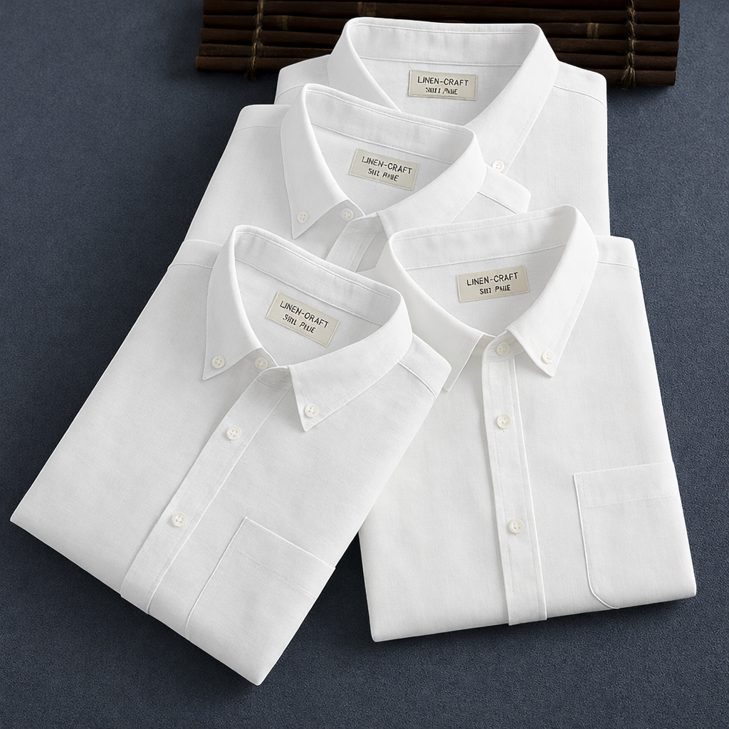 Men's Premium Line White Cotton Linen Shirt Full Sleeves (Pack Of 4)