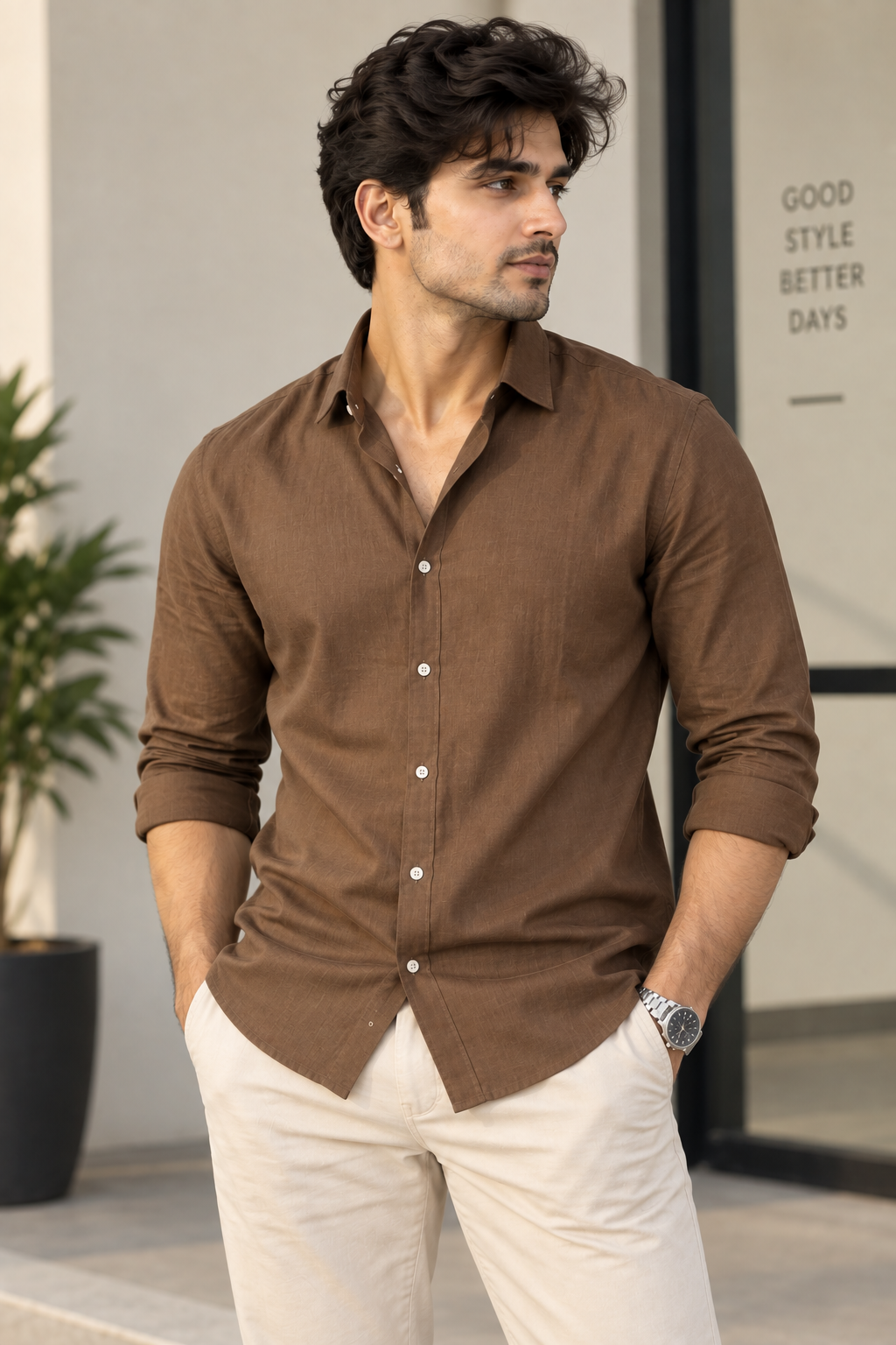 Men Linen Shirt  Brown